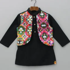 Outlet Abstract Printed Jacket Style Black Kurta And Pyjama BOY Indian Ethnic Wear | Ethnic Sets