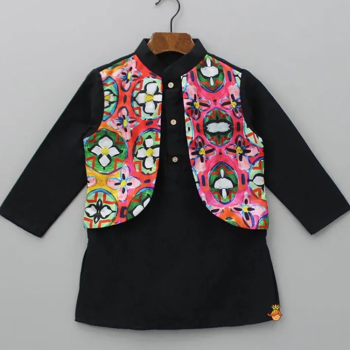 Outlet Abstract Printed Jacket Style Black Kurta And Pyjama BOY Indian Ethnic Wear | Ethnic Sets