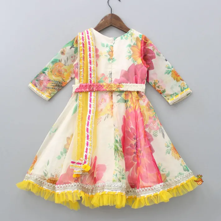 Online Adorable Blooming Flowers Printed Asymmetric Ruffle Hem Anarkali With Pearls Lace Detail Attached Dupatta Ethnic Wear | Sarees & Anarkalis
