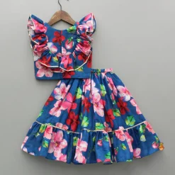Discount Adorable Bow Enhanced Floral Printed Navy Blue Top And Lehenga Ethnic Wear | Lehengas & Ghagras
