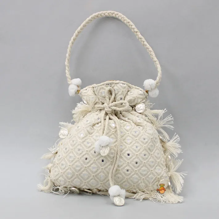 Outlet Adorable Faux Mirror Embroidered Off White Potli Bag Bags