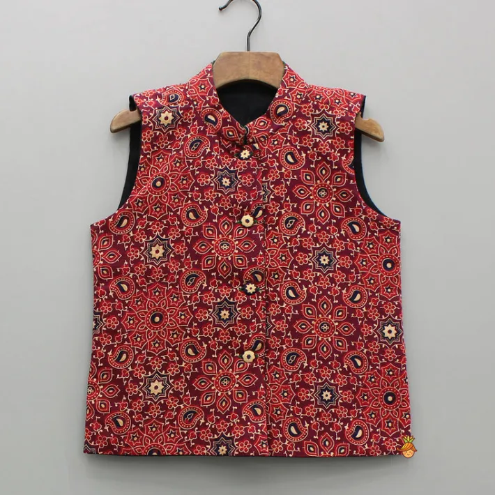 Discount Ajrakh Printed Front Open Red Jacket BOY Indian Ethnic Wear | Ethnic Jackets
