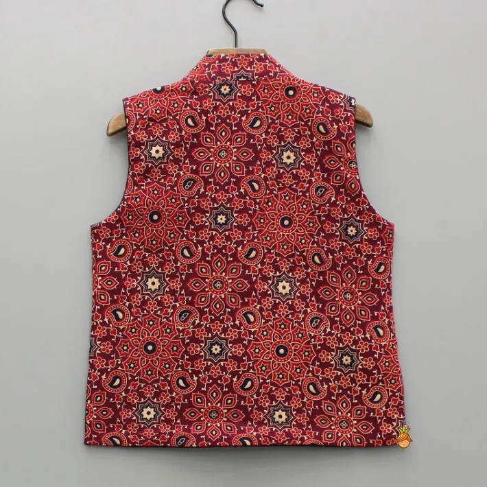 Discount Ajrakh Printed Front Open Red Jacket BOY Indian Ethnic Wear | Ethnic Jackets