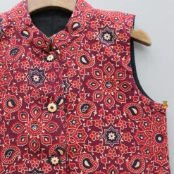 Discount Ajrakh Printed Front Open Red Jacket BOY Indian Ethnic Wear | Ethnic Jackets