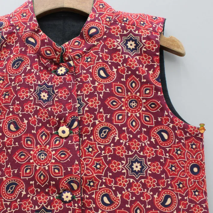 Discount Ajrakh Printed Front Open Red Jacket BOY Indian Ethnic Wear | Ethnic Jackets