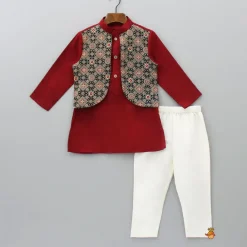 Online Ajrakh Printed Jacket Style Maroon Kurta And Pyjama BOY Indian Ethnic Wear | Ethnic Sets