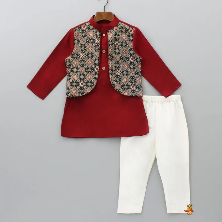 Online Ajrakh Printed Jacket Style Maroon Kurta And Pyjama BOY Indian Ethnic Wear | Ethnic Sets