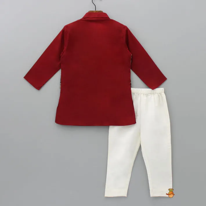 Online Ajrakh Printed Jacket Style Maroon Kurta And Pyjama BOY Indian Ethnic Wear | Ethnic Sets