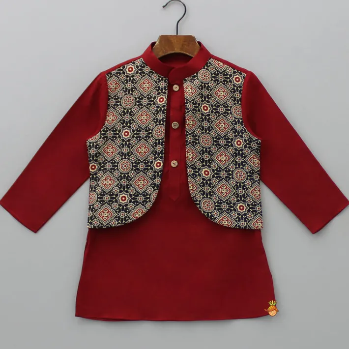Online Ajrakh Printed Jacket Style Maroon Kurta And Pyjama BOY Indian Ethnic Wear | Ethnic Sets