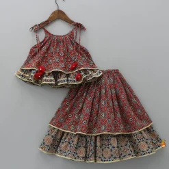 Discount Ajrakh Printed Layered Top With Lehenga Ethnic Wear | Lehengas & Ghagras
