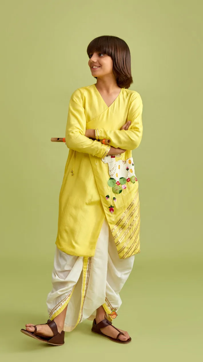 Online Animal Embroidered Angarkha Style Yellow Kurta With Lace Work Dhoti BOY Indian Ethnic Wear | Ethnic Sets