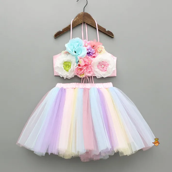 New Artificial Flowers Embellished Halter Neck Top And Multicoloured Skirt Dresses & Sets | Sets
