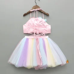 New Artificial Flowers Embellished Halter Neck Top And Multicoloured Skirt Dresses & Sets | Sets