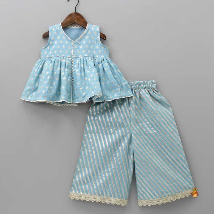 Online Ash Blue Front Slit Top And Flared Palazzo Ethnic Wear | Palazzos & Shararas