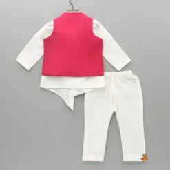 Outlet Asymmetric Kurta With Lotus Patchwork Pink Jacket And Pyjama BOY Indian Ethnic Wear | Ethnic Sets