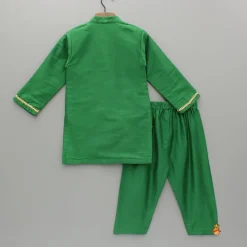 Clearance Attached Brocade Flap Green Kurta And Pyjama BOY Twinning Sets | Indian Ethnic Wear