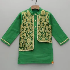 Clearance Attached Brocade Flap Green Kurta And Pyjama BOY Twinning Sets | Indian Ethnic Wear