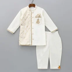 Fashion Attached Flap Off White Velvet Kurta And Pyjama BOY Indian Ethnic Wear | Ethnic Sets