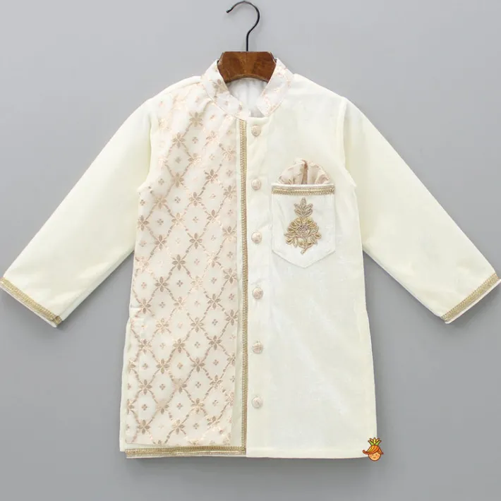 Clearance Attached Flap Off White Velvet Kurta And Pyjama BOY Indian Ethnic Wear | Ethnic Sets