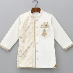 Fashion Attached Flap Off White Velvet Kurta And Pyjama BOY Indian Ethnic Wear | Ethnic Sets