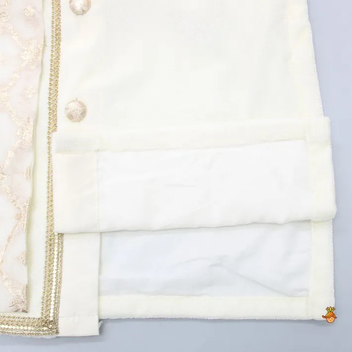 Clearance Attached Flap Off White Velvet Kurta And Pyjama BOY Indian Ethnic Wear | Ethnic Sets