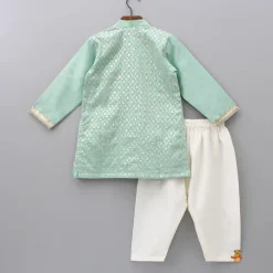 Clearance Attached Flap Patch Pocket Green Kurta And Off White Pyjama BOY Indian Ethnic Wear | Ethnic Sets