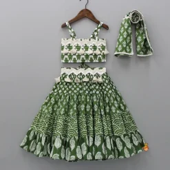 Fashion Back Criss Cross Knotted Green Top And Lehenga With Matching Dupatta Ethnic Wear | Lehengas & Ghagras