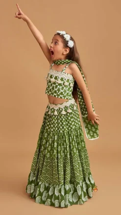 Fashion Back Criss Cross Knotted Green Top And Lehenga With Matching Dupatta Ethnic Wear | Lehengas & Ghagras