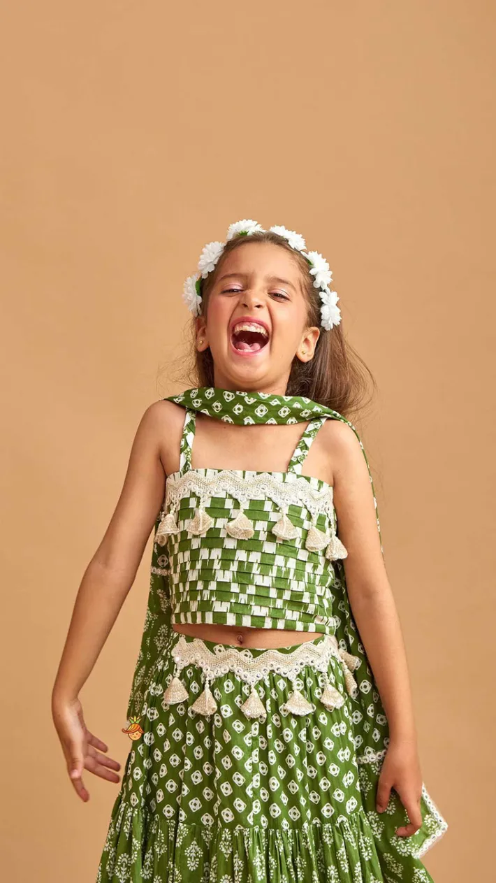 Fashion Back Criss Cross Knotted Green Top And Lehenga With Matching Dupatta Ethnic Wear | Lehengas & Ghagras