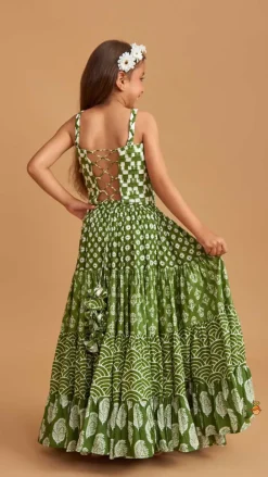 Fashion Back Criss Cross Knotted Green Top And Lehenga With Matching Dupatta Ethnic Wear | Lehengas & Ghagras