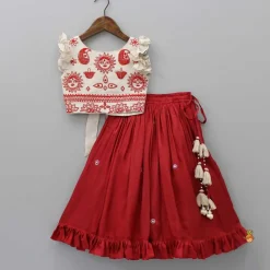 Outlet Back Knot Detail Beige Embroidered Top And Ruffle Hem Lehenga Ethnic Wear | Lehengas & Ghagras