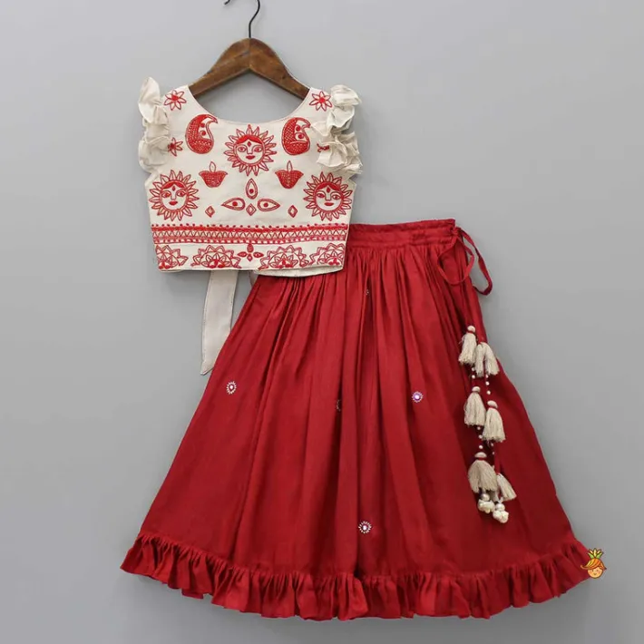 Outlet Back Knot Detail Beige Embroidered Top And Ruffle Hem Lehenga Ethnic Wear | Lehengas & Ghagras