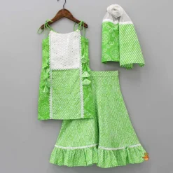 Best Bandhani And Leheriya Printed Green Kurti And Palazzo With Net Dupatta Twinning Sets | Ethnic Wear