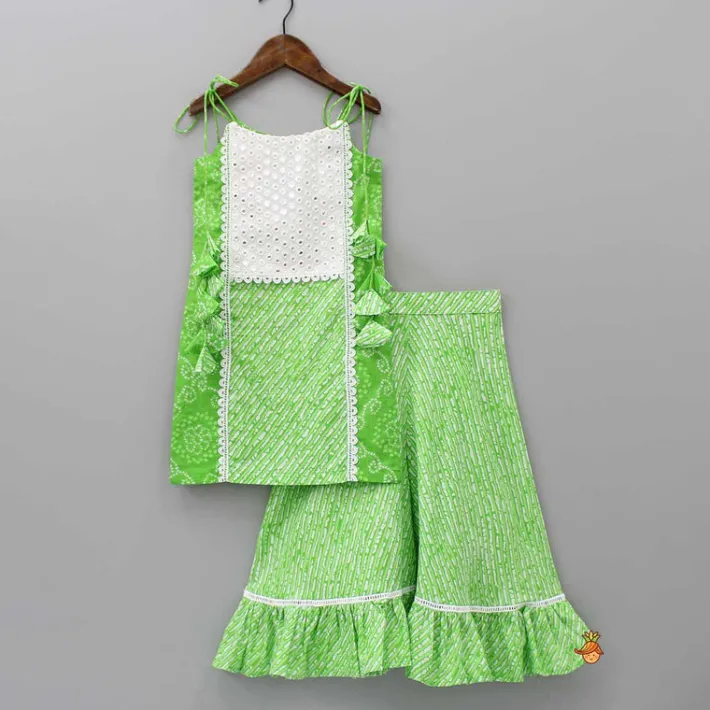 Best Bandhani And Leheriya Printed Green Kurti And Palazzo With Net Dupatta Twinning Sets | Ethnic Wear