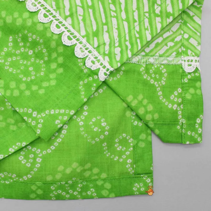 Best Bandhani And Leheriya Printed Green Kurti And Palazzo With Net Dupatta Twinning Sets | Ethnic Wear