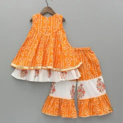 New Bandhani Floral Printed Layered Kurti With Tiered Style Sharara And Dupatta Ethnic Wear | Palazzos & Shararas