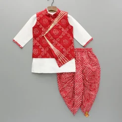 Fashion Bandhani Printed Kurta With Red Jacket And Leheriya Dhoti BOY Indian Ethnic Wear | Ethnic Sets