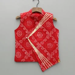 Fashion Bandhani Printed Kurta With Red Jacket And Leheriya Dhoti BOY Indian Ethnic Wear | Ethnic Sets