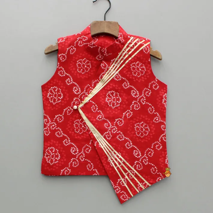 Fashion Bandhani Printed Kurta With Red Jacket And Leheriya Dhoti BOY Indian Ethnic Wear | Ethnic Sets