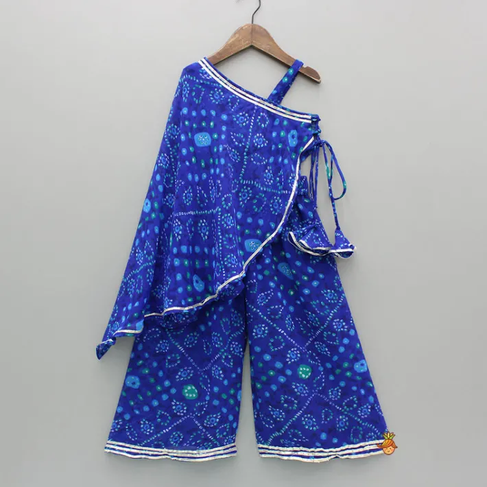 New Bandhani Printed One-Shoulder Drape Top And Flared Palazzo Ethnic Wear | Palazzos & Shararas