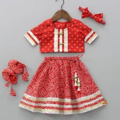 Best Bandhani Printed Red Top With Lehenga And Matching Booties With Head Band Ethnic Wear | Lehengas & Ghagras
