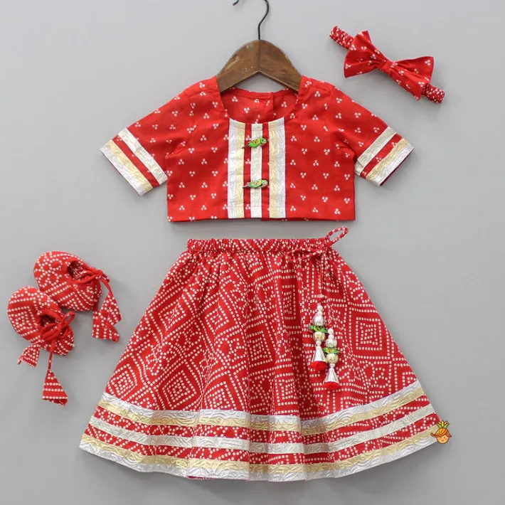 Best Bandhani Printed Red Top With Lehenga And Matching Booties With Head Band Ethnic Wear | Lehengas & Ghagras