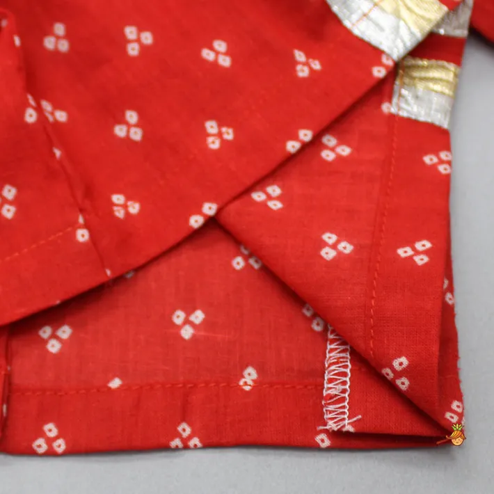 Best Bandhani Printed Red Top With Lehenga And Matching Booties With Head Band Ethnic Wear | Lehengas & Ghagras