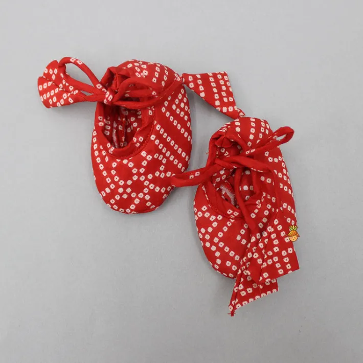 Best Bandhani Printed Red Top With Lehenga And Matching Booties With Head Band Ethnic Wear | Lehengas & Ghagras