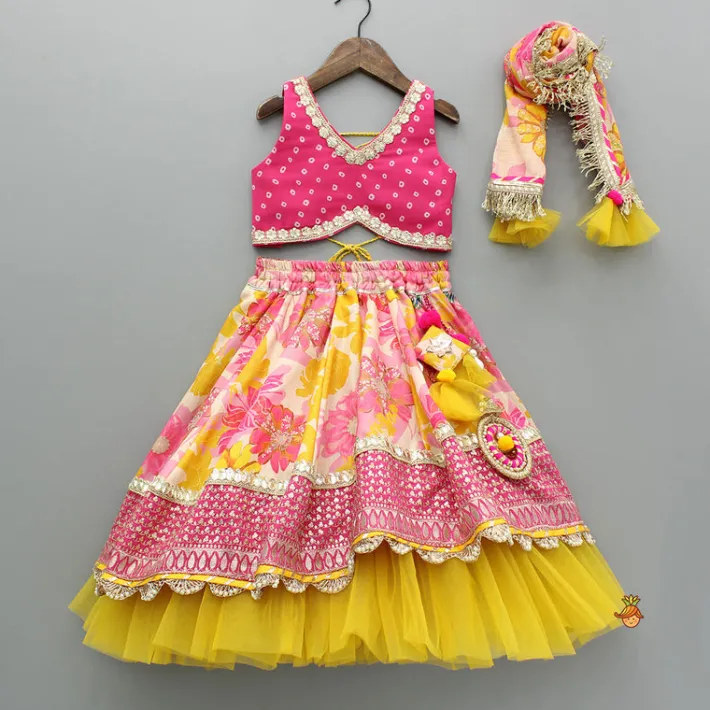 Hot Bandhani Printed Top And Floral Printed Layered Lehenga With Matching Dupatta Ethnic Wear | Lehengas & Ghagras