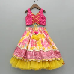 Hot Bandhani Printed Top And Floral Printed Layered Lehenga With Matching Dupatta Ethnic Wear | Lehengas & Ghagras