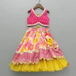 Hot Bandhani Printed Top And Floral Printed Layered Lehenga With Matching Dupatta Ethnic Wear | Lehengas & Ghagras