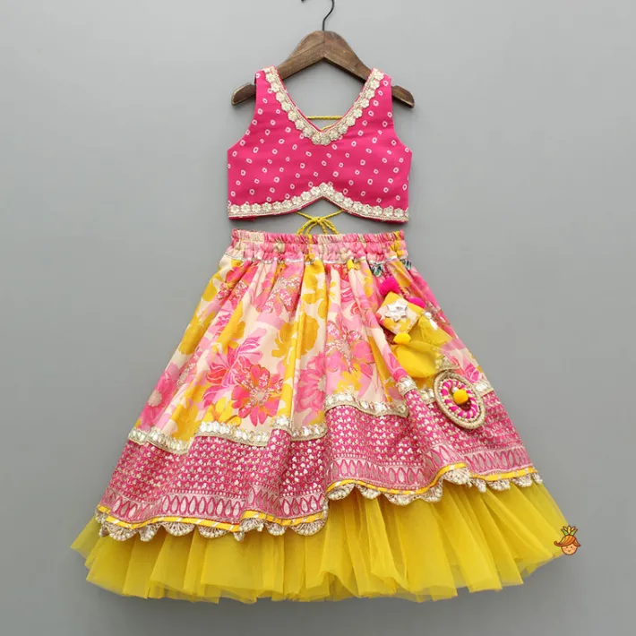 Hot Bandhani Printed Top And Floral Printed Layered Lehenga With Matching Dupatta Ethnic Wear | Lehengas & Ghagras