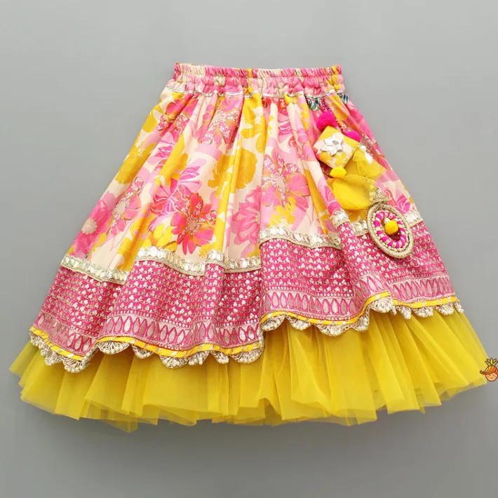 Hot Bandhani Printed Top And Floral Printed Layered Lehenga With Matching Dupatta Ethnic Wear | Lehengas & Ghagras