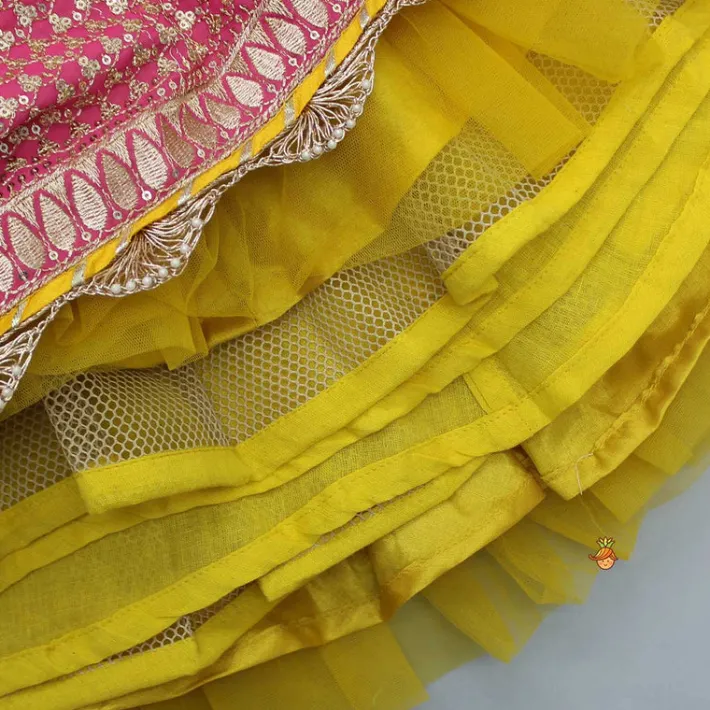 Hot Bandhani Printed Top And Floral Printed Layered Lehenga With Matching Dupatta Ethnic Wear | Lehengas & Ghagras